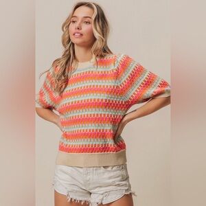 THML Colorful Ribbed Knit Quarter Sleeve Sweater Multicolor Neon Pink Orange